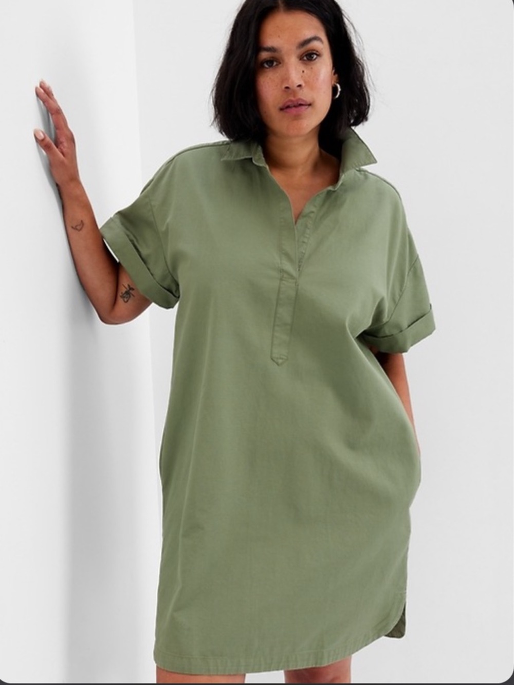 GAP Popover Mini Dress in Olive Green M Medium 100% Cotton Pockets Collared